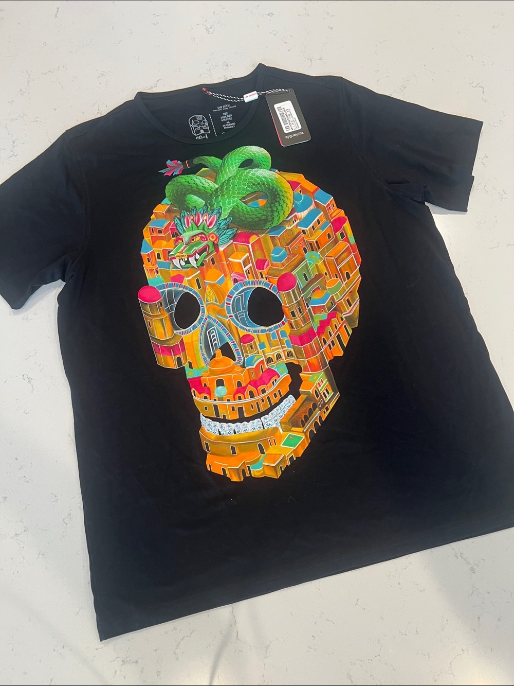 Black Graphic Skull Tee with Colorful Skull and Green Snake - Unbranded